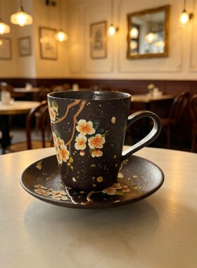复古黑底立体浮雕金枝玉兰花咖啡杯碟套装 手作紫砂杯马克杯