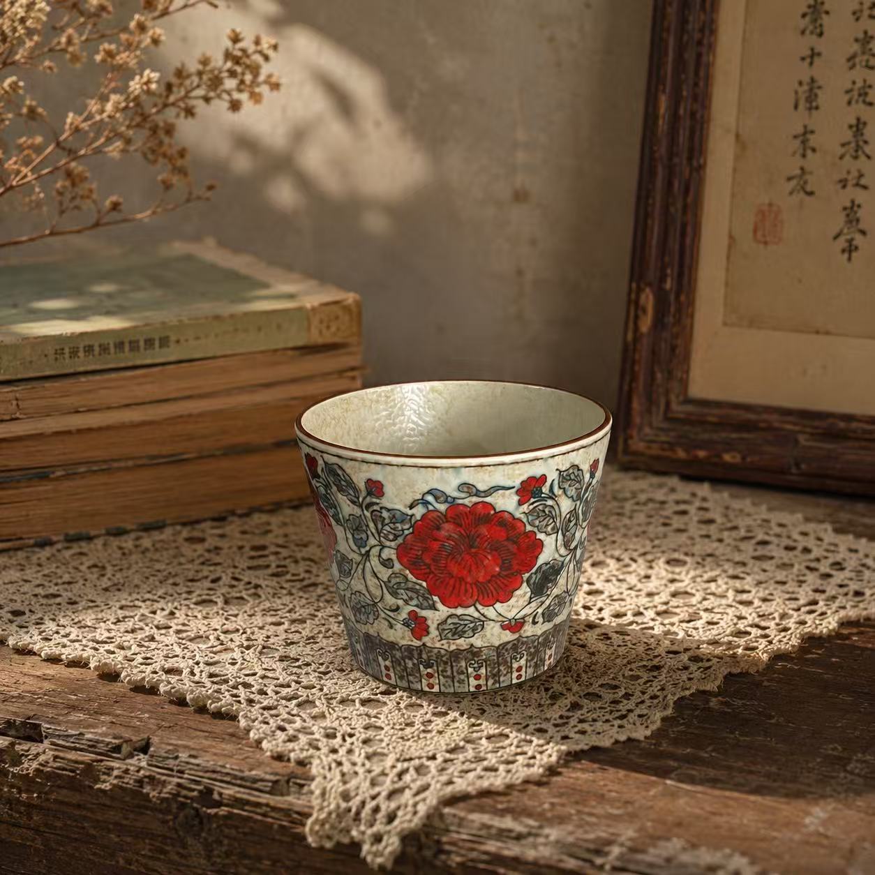 景德镇手工复古陶瓷花朵咖啡杯