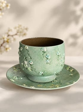 景德镇原创手工手绘绿色小玫瑰紫砂咖啡杯碟 精致下午茶杯
