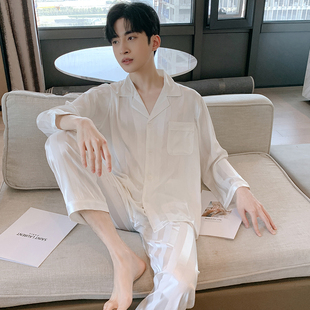 冰丝薄款 丝绸高级感家居服长袖 短袖 大码 可外穿 长裤 白色睡衣男夏季