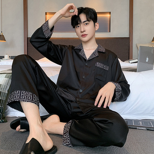 冰丝睡衣男夏季黑色丝绸薄款短袖长裤套装长袖高级感家居服可外穿