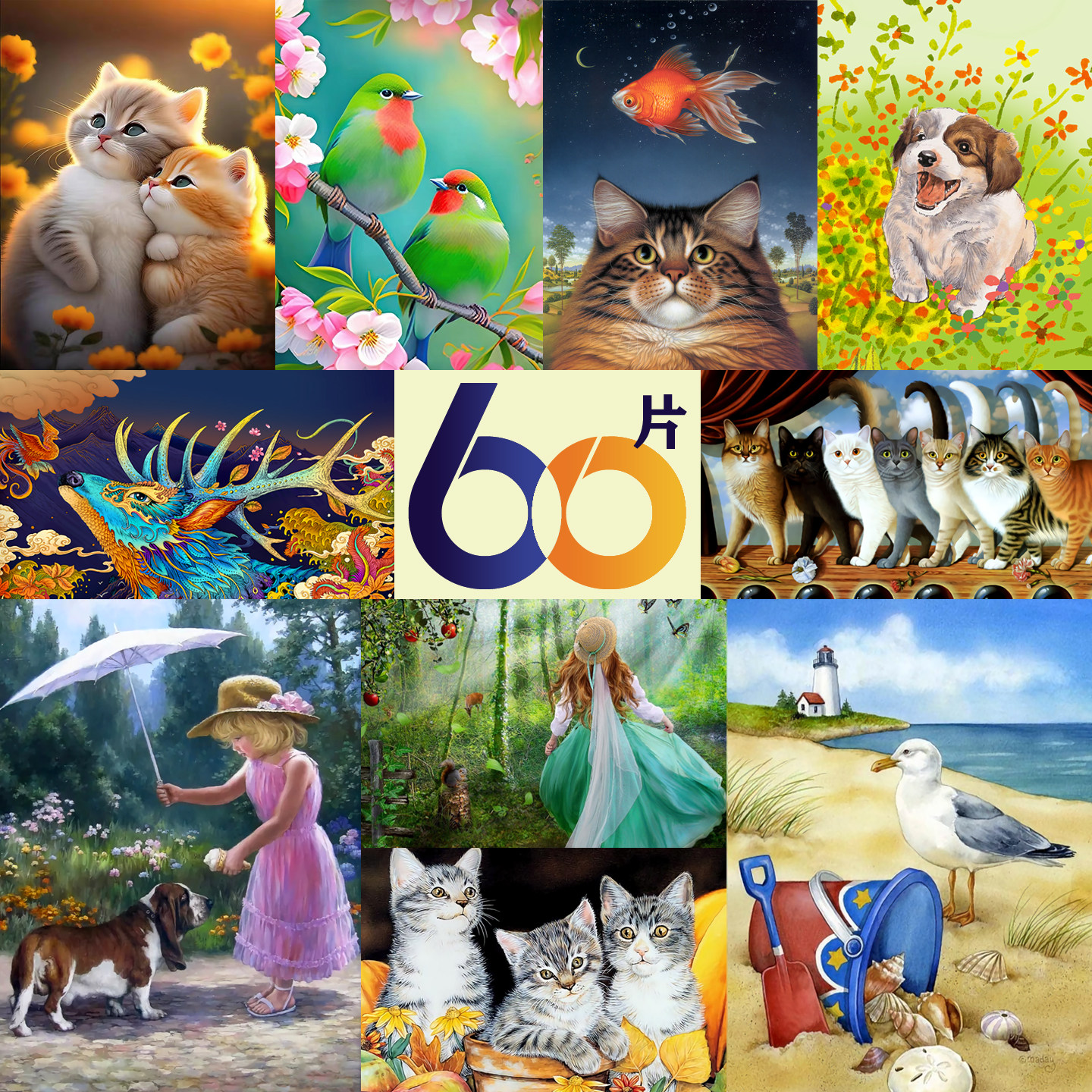 大片纸质拼图60片国画动物风景名画动漫卡通益智儿童老人团建礼物