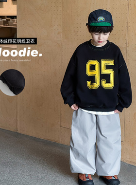 cookie kids 冬季款 中小儿童帅气数字印花加绒保暖圆领黑色卫衣