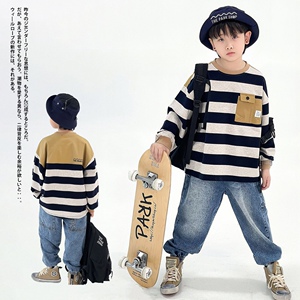 cookie kids 春秋款 中小儿童2024户外休闲宽松条纹拼接长袖T恤潮