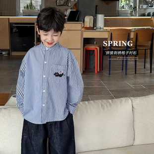 cookie kids 春季款 中小儿童可爱小猫刺绣蓝白条纹拼接衬衫时尚