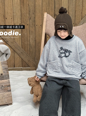 cookie kidsd 冬季款 中小儿童立体小狗口袋印花灰色加绒休闲卫衣