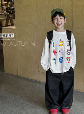 cookie kids 秋季款 儿童趣味贪吃蛇印花黑白色纯棉长袖T恤打底衫