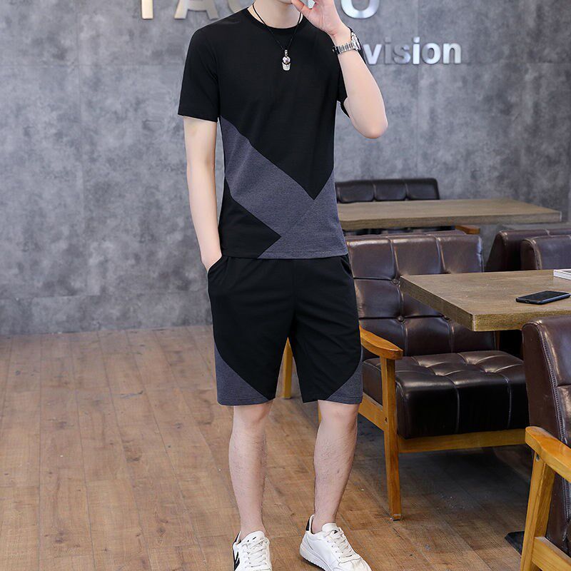男士套装夏装夏季黑色韩版t恤2024新款短袖短裤男五分裤修身一套