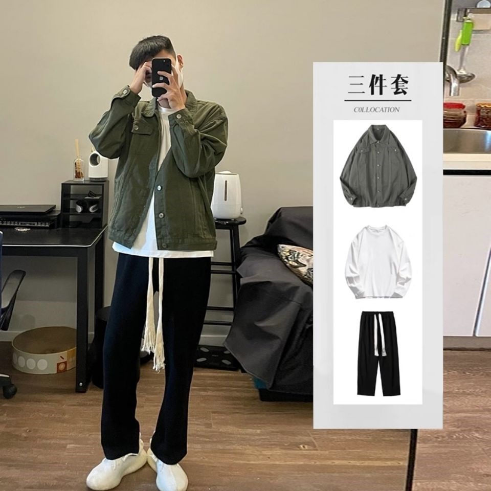 2023春秋季新款牛仔夹克外套男韩版潮流男生衣服一套搭配帅气套装