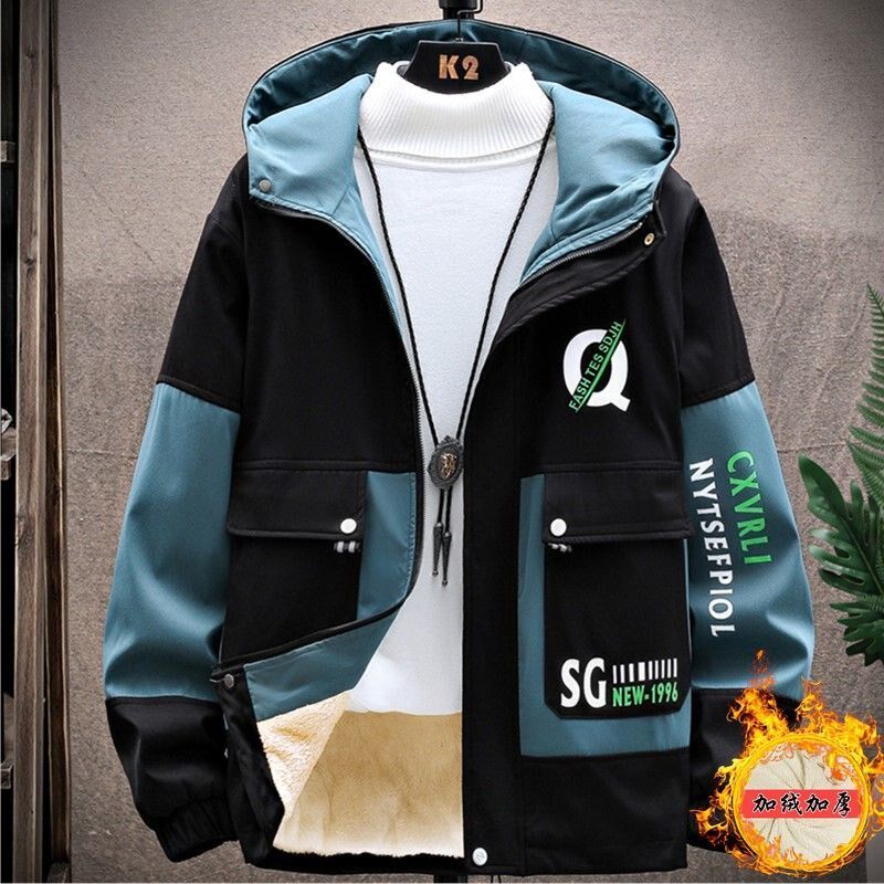 春装外套男宽松工装加绒加厚夹克套装青少年学生春秋季一整套衣服