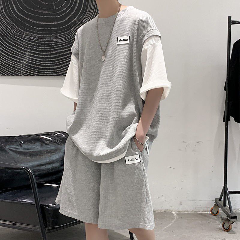 华夫格休闲套装夏季短袖t恤