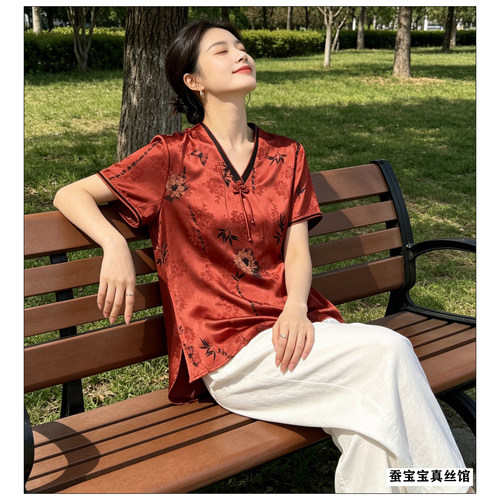 新中式竹韵印花真丝上衣妈妈优雅宽松显瘦桑蚕丝短袖衬衫大码百搭
