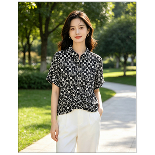 杭州丝绸/专柜品质/桑蚕丝真丝03双绉/女式衬衫短袖/夏季宽松