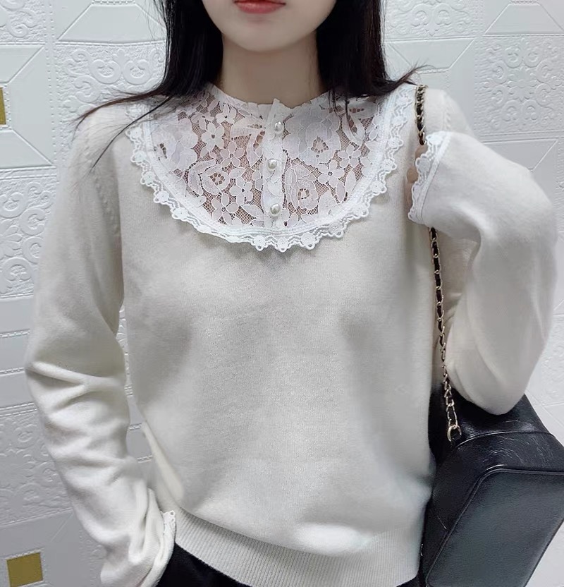 淑女风-100羊毛蕾丝拼接针织衫女秋冬新款法式减龄气质上衣F403