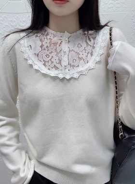 淑女风-100羊毛蕾丝拼接针织衫女秋冬新款法式减龄气质上衣F403