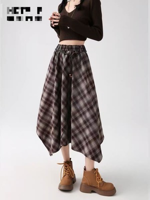 毛呢不规则格子裙女秋冬季2025新款复古高腰垂感a字大摆半身裙子