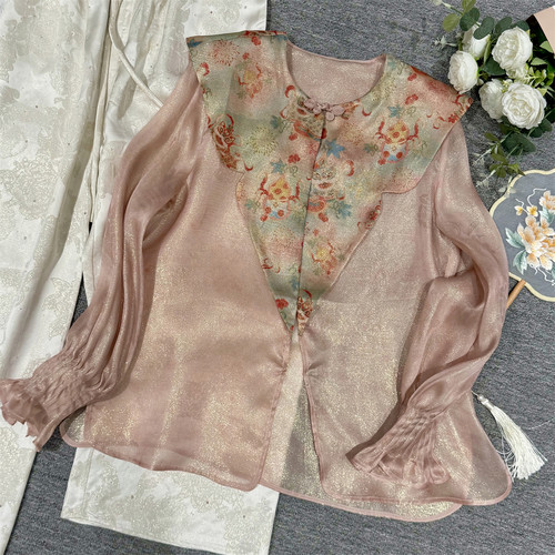 黄裳子彩金真丝绡云肩领中式衬衫