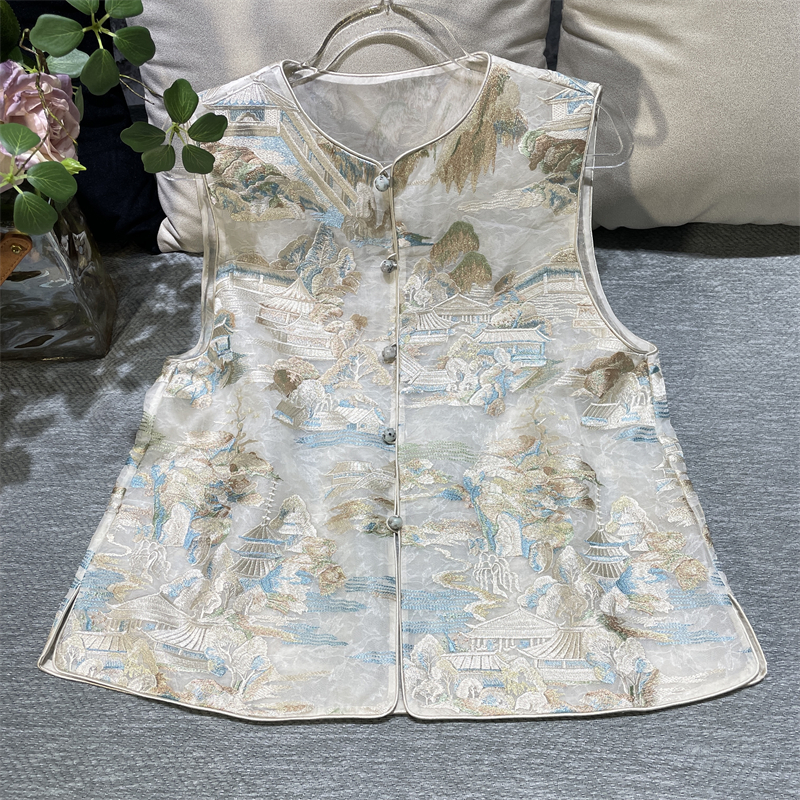 黄裳子真丝重工山水刺绣中式马甲