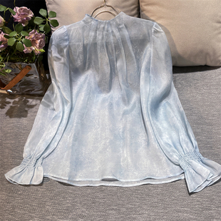清~【折扇领】新中式国风真丝欧根绡桑蚕丝百搭宽松上衣打底衫