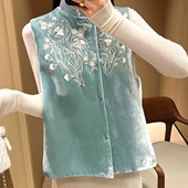 国风真丝丝绒刺绣手工钉珠高级感气质马甲马夹 新中式 向阳花开