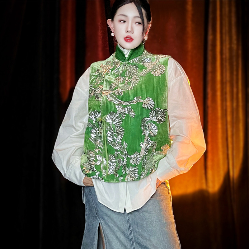 刺绣真丝重工钉珠旗袍马甲外套