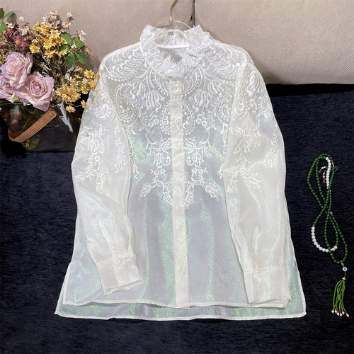 黄裳子真丝繁花刺绣中式衬衫