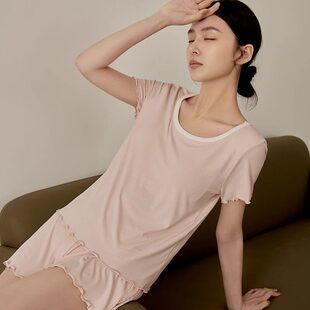 两件套可外穿宽松休闲家居服套装 短裤 自带胸垫睡衣女短袖 日本薄款