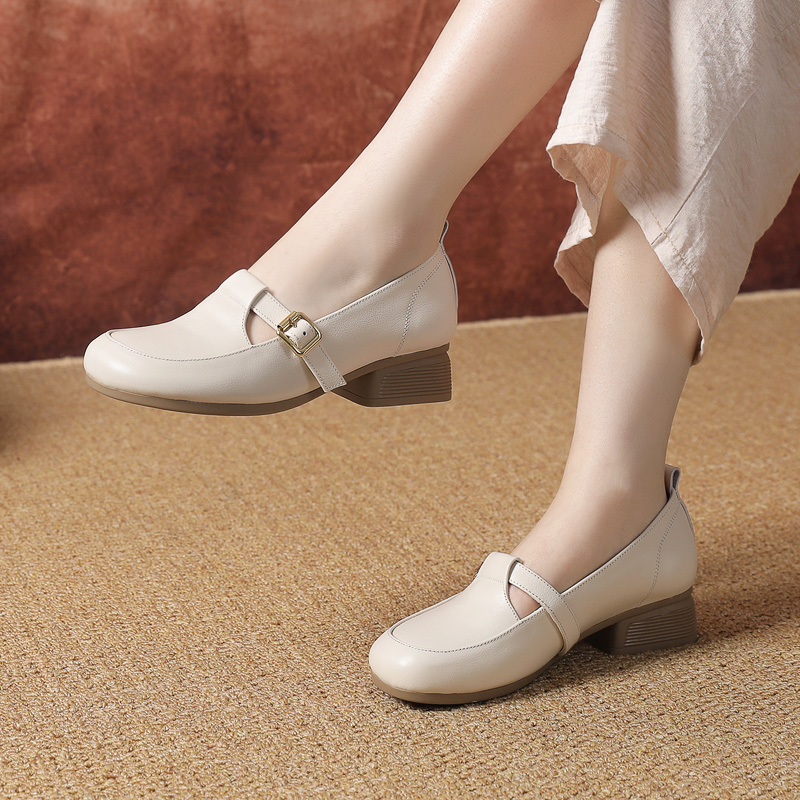真皮粗跟一字带女鞋2024新款