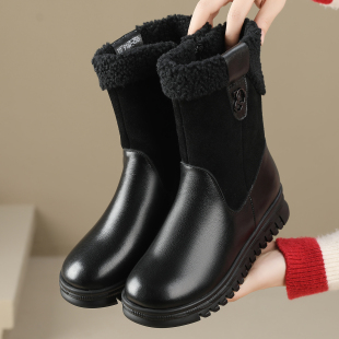 加绒棉靴子厚底软底妈妈鞋 真皮平底中筒靴防滑雪地靴大码 女靴冬季