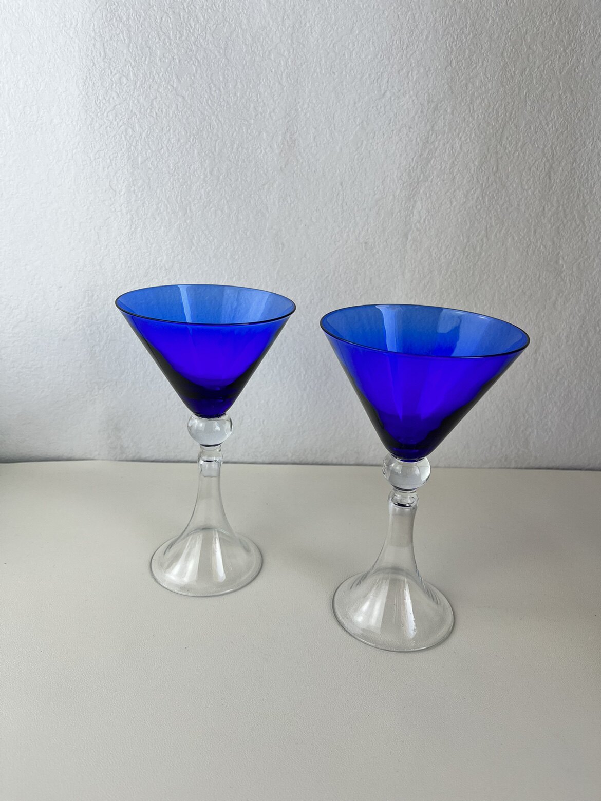 中古克莱因蓝色原色料喇叭口高脚杯鸡尾酒杯复古蓝色玻璃杯