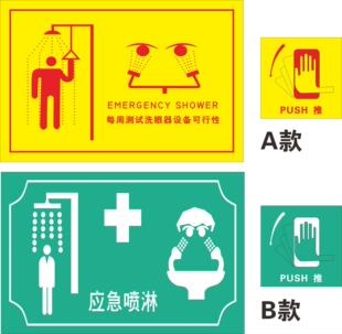 厂区车间安全提示应急标志牌 置标识贴 应急冲淋洗眼站提示标识PUSH按压阀门开关按钮指示牌 紧急喷淋洗眼装