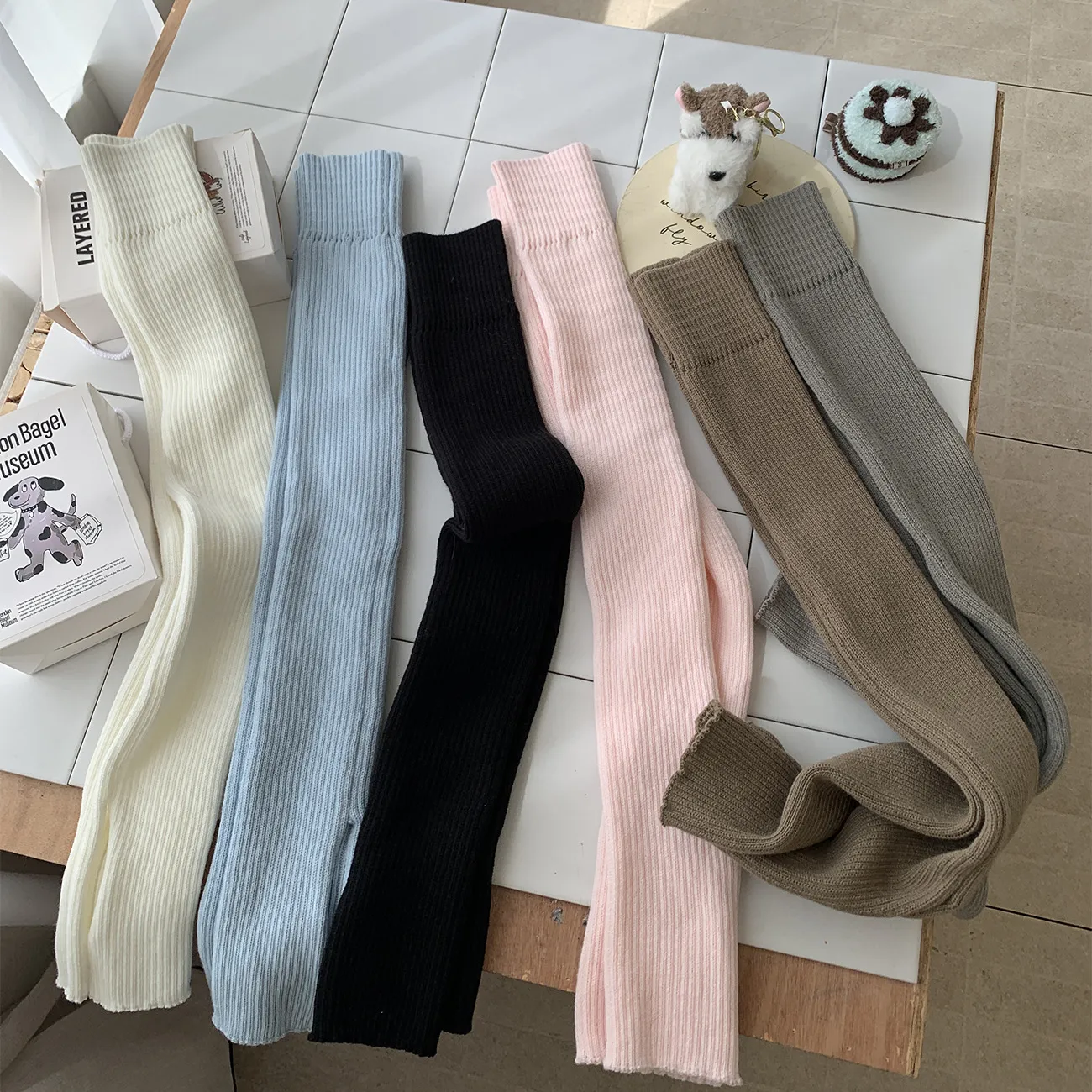 日单杂志款纯色基础款针织袜套女秋冬小众设计长筒过膝靴袜小腿套