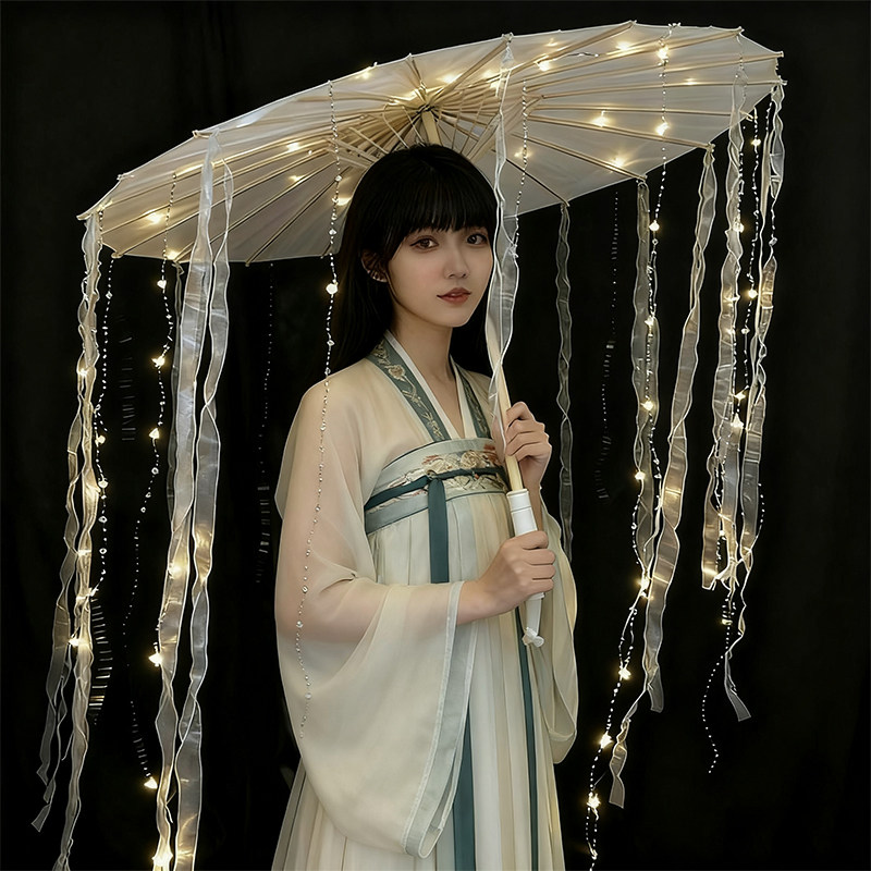 飘带白绸布LED带灯发光伞婚礼装饰伞古风汉服伞摄影拍照发光道具