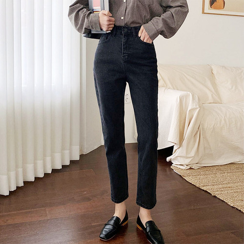 黑灰色直筒牛仔裤女夏装2022高腰显瘦宽松弹力小个子八分烟管港味 - 封面