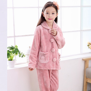 女童秋冬加厚款珊瑚绒睡衣套装家居服小孩宝宝儿童法兰绒公主风