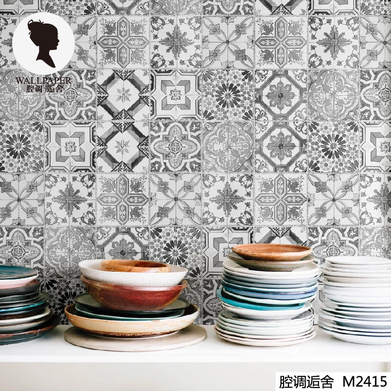 腔调壁画流行花砖金色灰色蓝色时尚客厅卧室欧美餐厅背景M2415