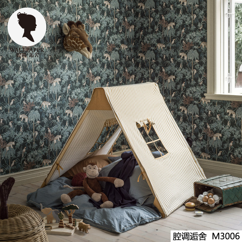 腔调壁画丛林卡其色儿童房深绿色/绿色/棕色/米色墙布墙纸M3006