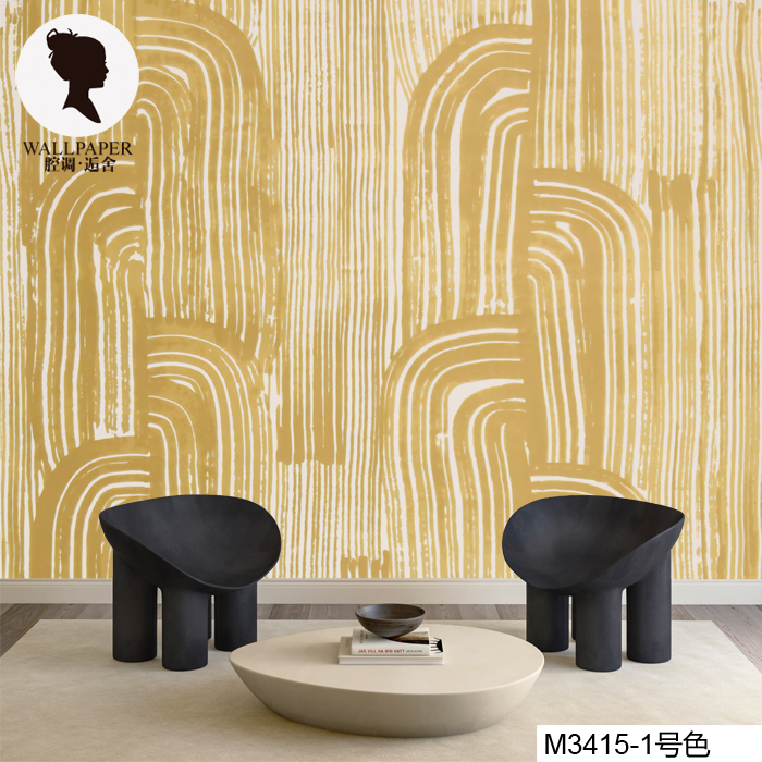 腔调壁画金色象牙色线条抽象艺术个性线客厅民宿办公室卧室M3415