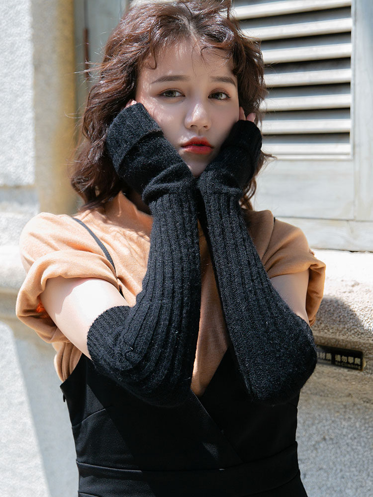 New wool gloves women's winter winter solid color extended roll edge thin knitted wool warm sleeve arm cover