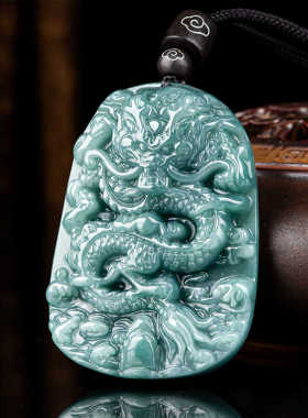 精选高端天然a翡翠蓝水霸气龙王龙腾四海龙牌生肖龙吊坠冰种玉石