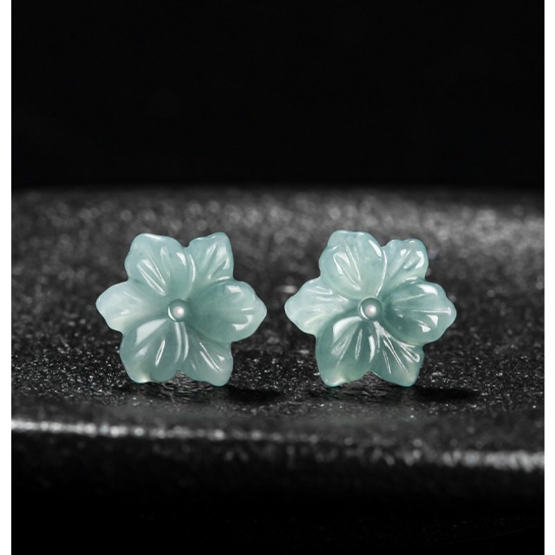 天然a货翡翠蓝水兰花耳钉冰种玉石花瓣s925银镶古风女款耳饰珠宝