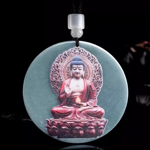 天然A货翡翠蓝水彩色影雕佛像观音冰种玉石吊坠男女款挂件玉佩