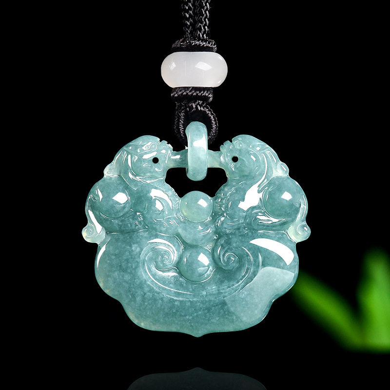 天然A货缅甸翡翠蓝水双貔貅如意佩冰种玉石吊坠皮丘挂件带证书