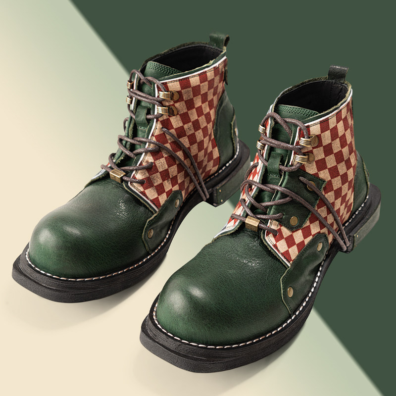 编界rewrite 赤 原创固特异棋盘格情侣鞋 帆布鞋工装靴男女皮鞋