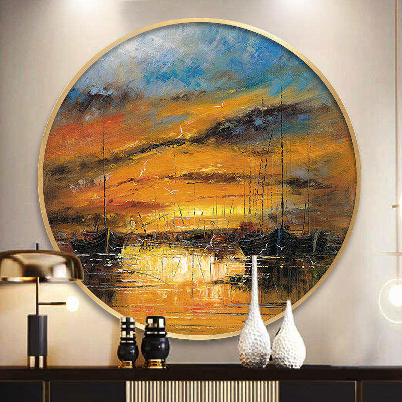 轻奢玄关手绘油画简美沙发后面的装饰画日落彩霞风景餐厅圆形挂画图片