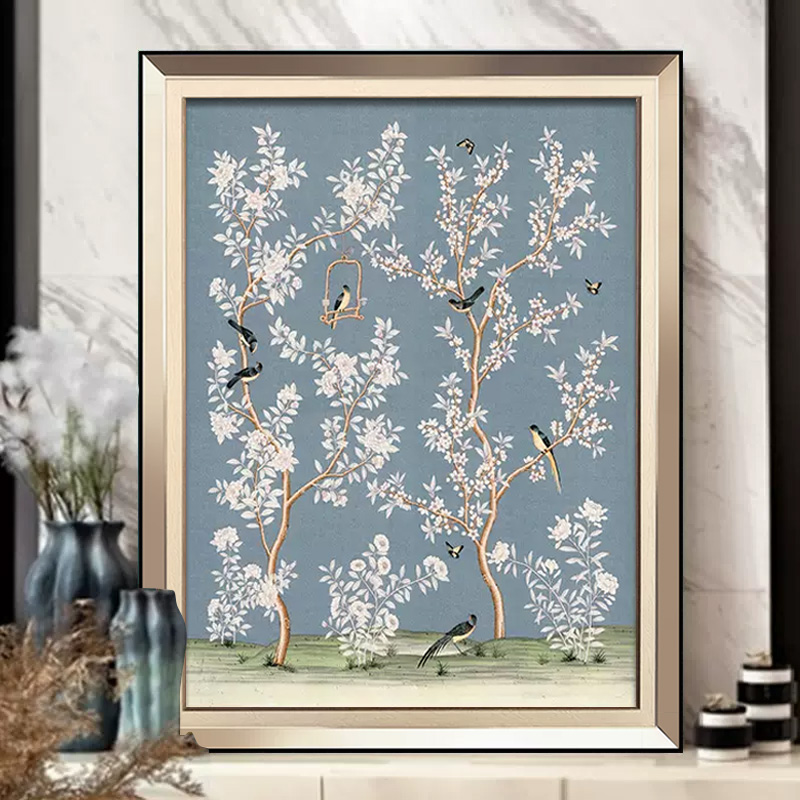 简美玄关装饰画竖版美式乡村田园风格餐厅壁画走廊过道花鸟挂画