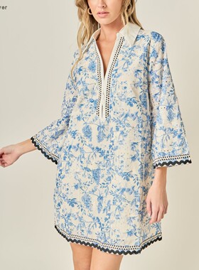 【TT Heavi】直邮代购 纯棉印花翻V领滚边七分袖短连衣裙 26春夏