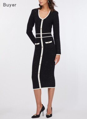 Liu Jo 直邮代购 粘纤亮片修身小香风圆领长袖中长连衣裙 26春夏