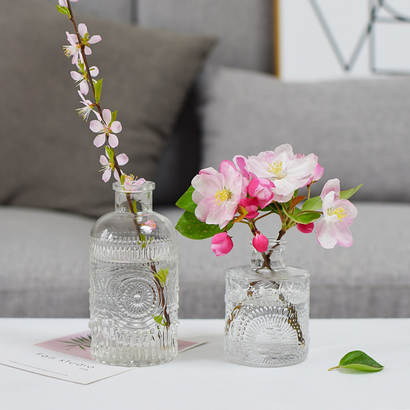 玻璃花瓶桌面书房床头小号摆件圈圈雕花透明插花水培家居装饰花器