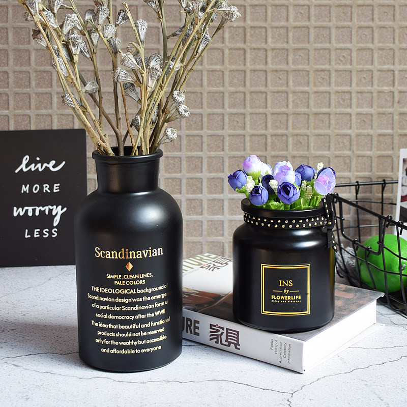 北欧ins风玻璃花瓶 哑光烫金印字插花黑白简约办公桌家居装饰摆件